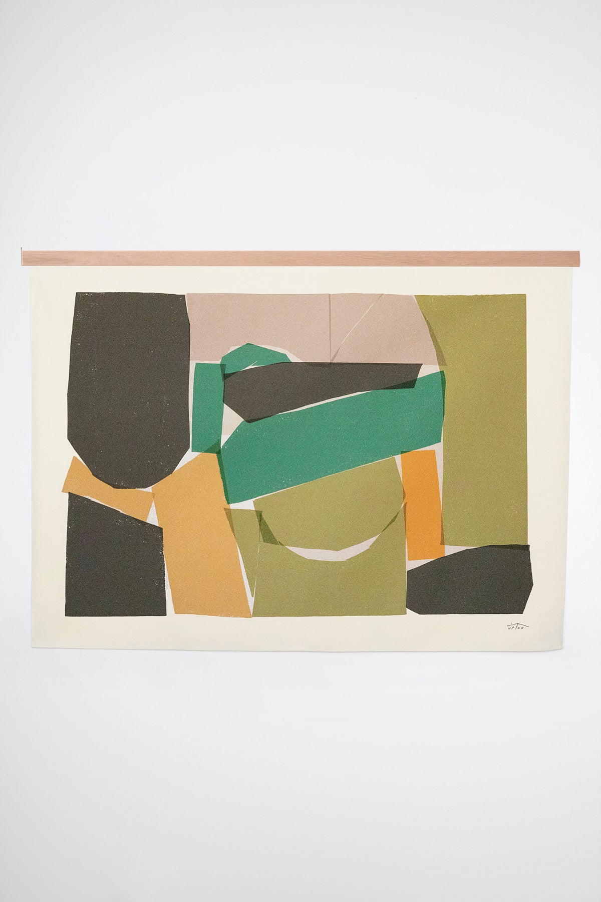 The Gallia is an original art print on 100% cotton canvas from Michael Upton. Featuring an abstract block print composition in muted jewel tones, the Gallia is a large format modern wall hanging. Shown here with a wood hanging bar on a white background.