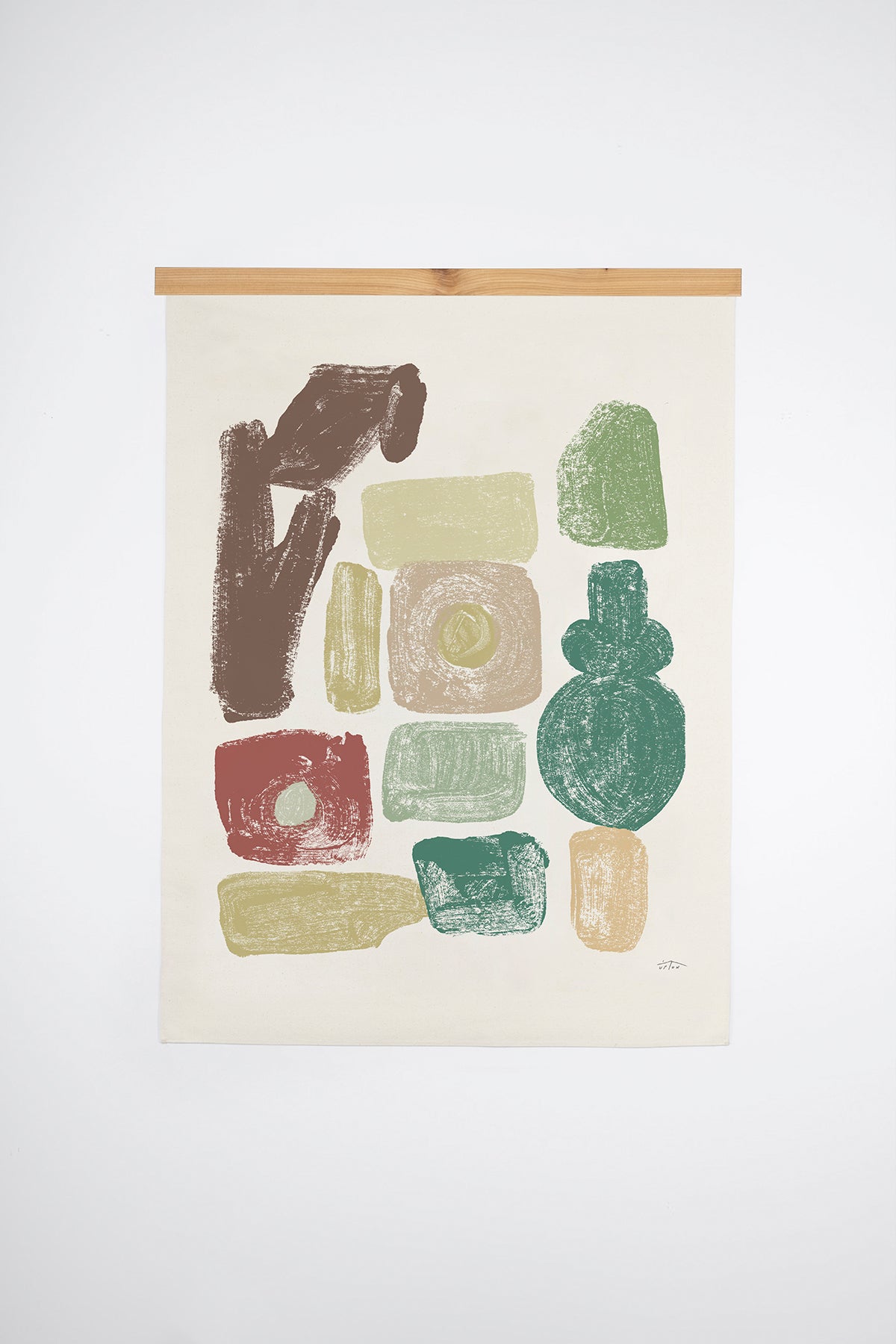 The Kurgan is an original art print on 100% cotton canvas from Michael Upton. Featuring bold abstract organic shapes in earth and jewel tones, the Kurgan is a large format modern wall hanging. Shown here with a wood hanging bar on a white background.