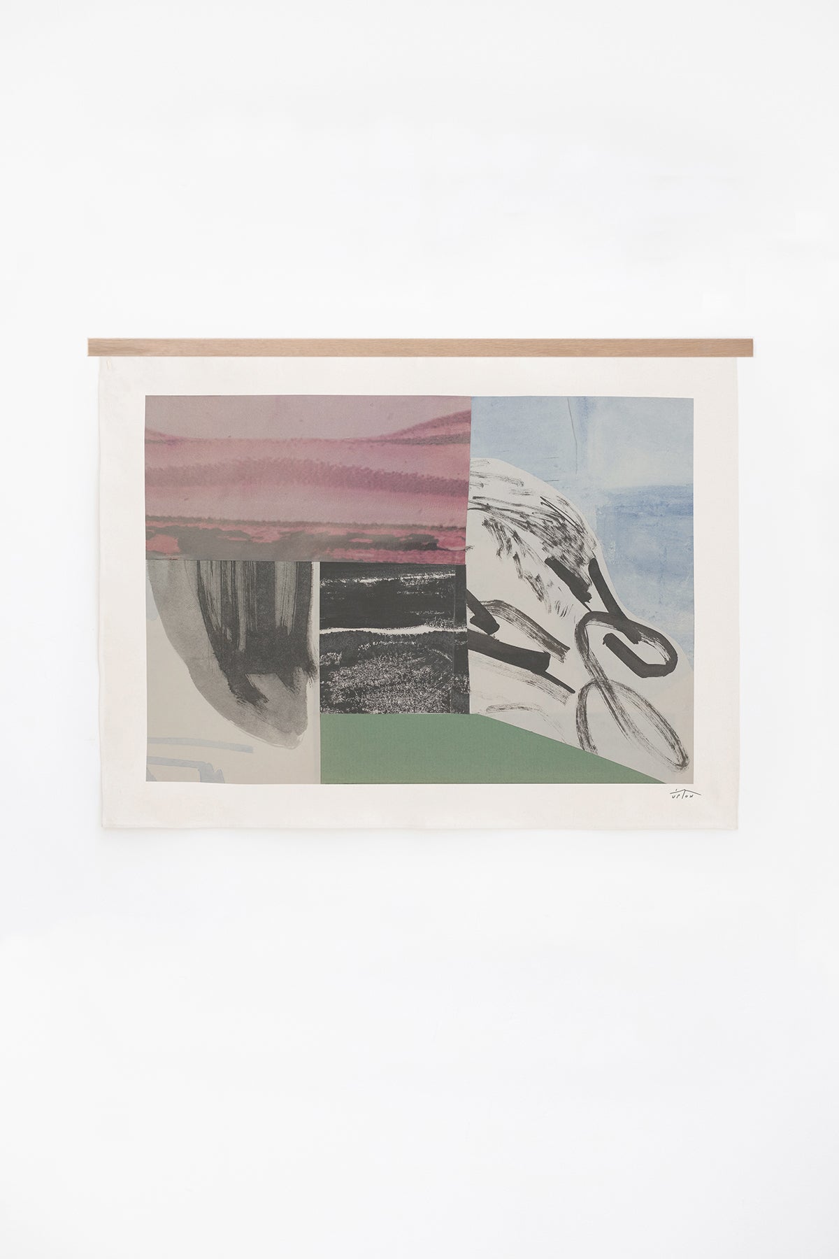 The Piraeus is an original art print on 100% cotton canvas from Michael Upton. Featuring an abstract collage design in rich colors, the Piraeus is a large format modern wall hanging. Shown here with a wood hanging bar on a white background.
