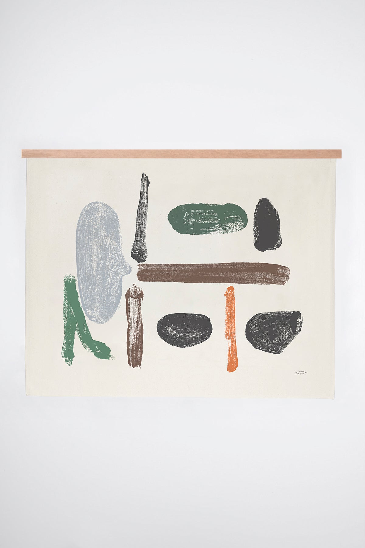 The Ponto is an original art print on 100% cotton canvas from Michael Upton. Featuring bold abstract organic shapes in earth tones, the Ponto is a large format modern wall hanging. Shown here with a wood hanging bar on a white background.