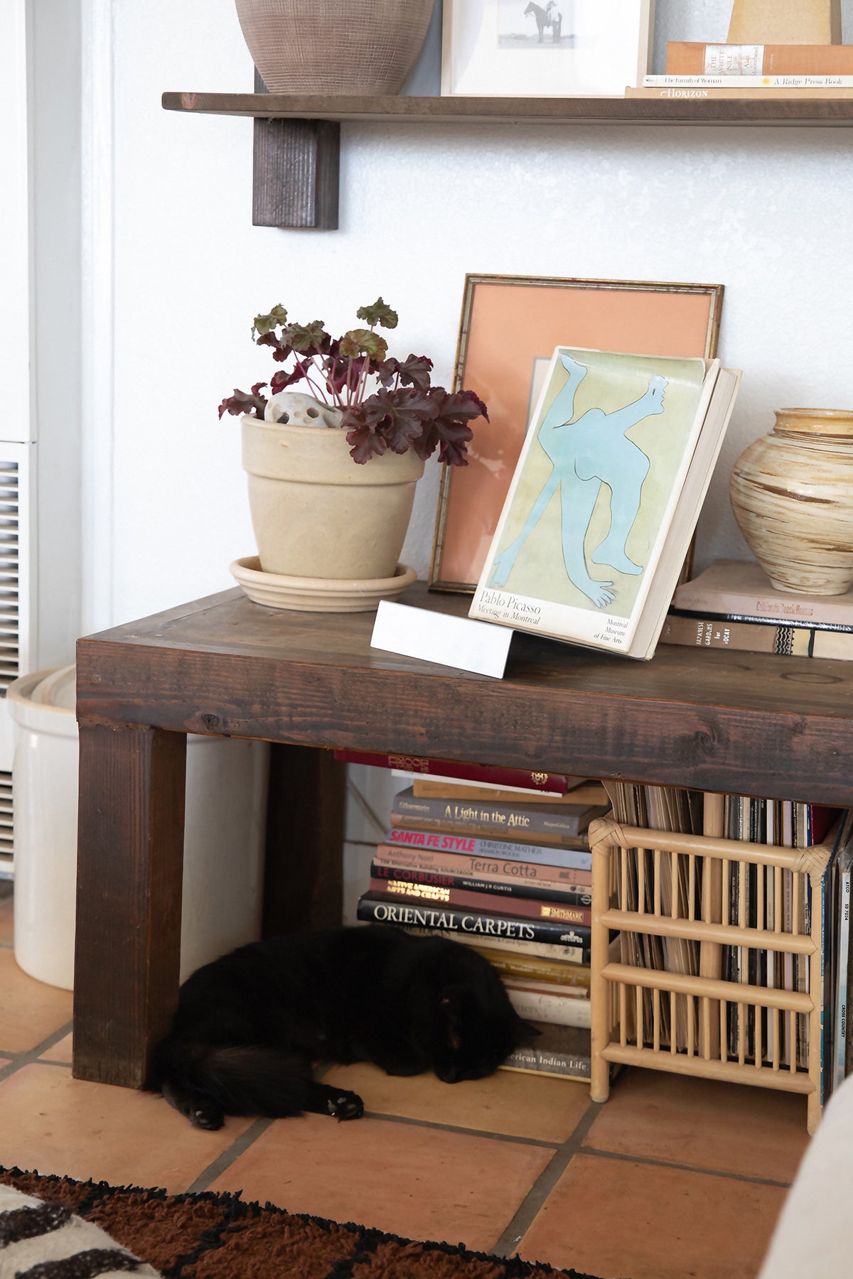 Upton LP Stand in matte silver. Modern and minimalist tabletop steel vinyl record holder made for storage, organization, and display of 50 albums. Shown being used as a tabletop book stand holding art books on a wooden table with books, a plant, and decorative items in a rustic interior with a sleeping black cat underneath.