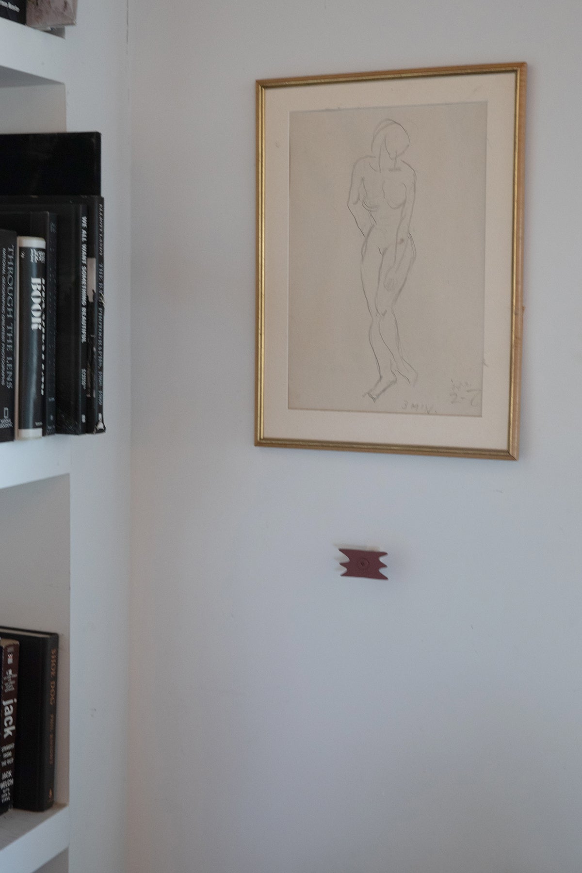 Upton Tirra Wall Hook in rose. A sculptural decorative steel wall hook with a rose (pink/red) color scheme with a unique abstract shape, designed to hang bags, coats, towels, hats, and more. Shown here in an elegant interior with gold framed drawing and shelves with books.