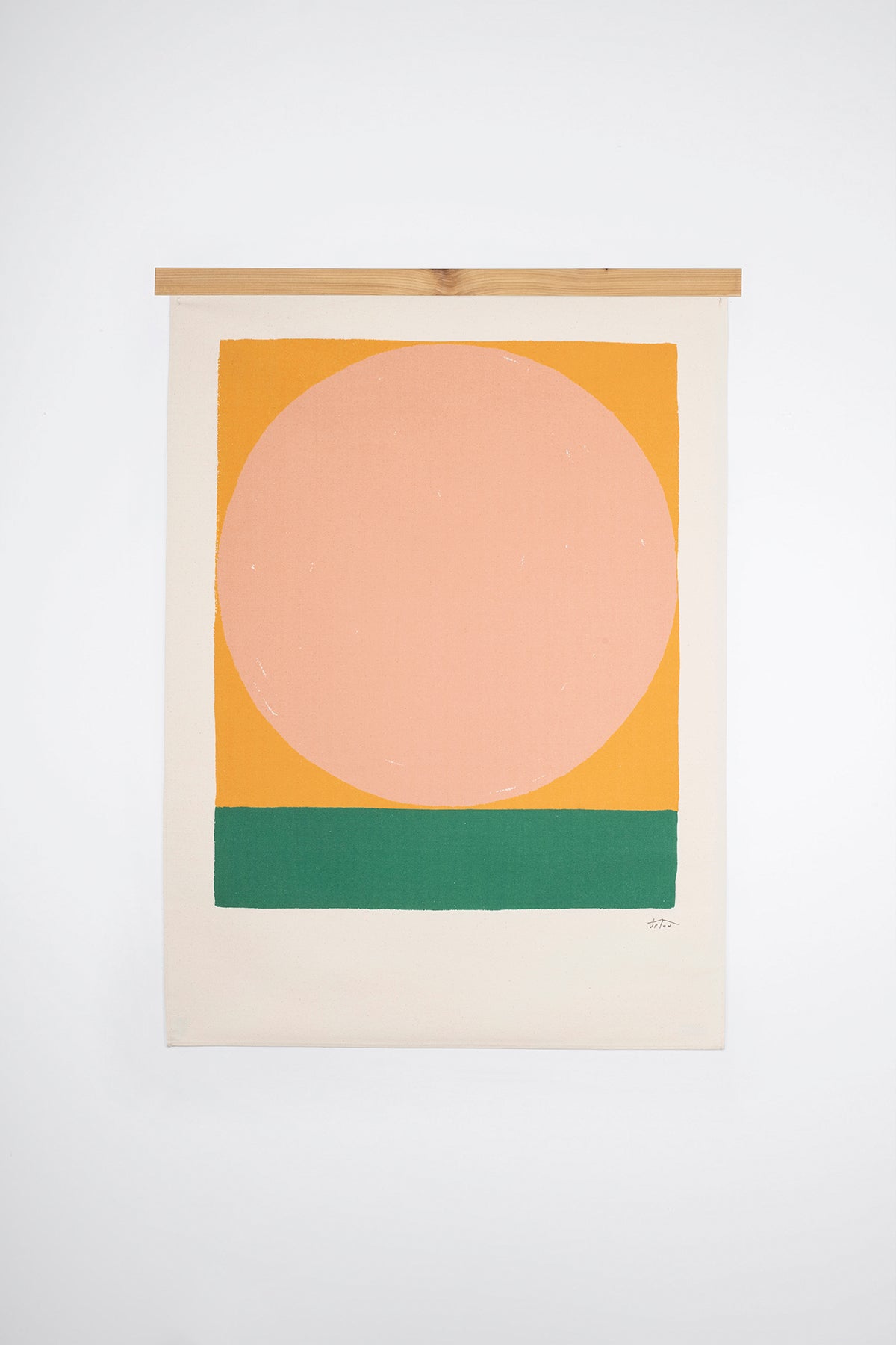 The Litha is an original art print on 100% cotton canvas from Michael Upton. Featuring minimalist abstract shapes in muted jewel tones, the Litha is a large format modern wall hanging. Shown here with a wood hanging bar on a white background.