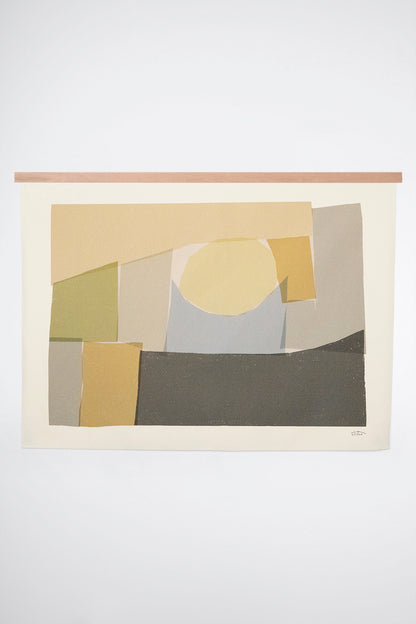The Burren is an original art print on 100% cotton canvas from Michael Upton. Featuring an abstract block print composition in muted colors, the Burren is a large format modern wall hanging. Shown here with a wood hanging bar on a white background.