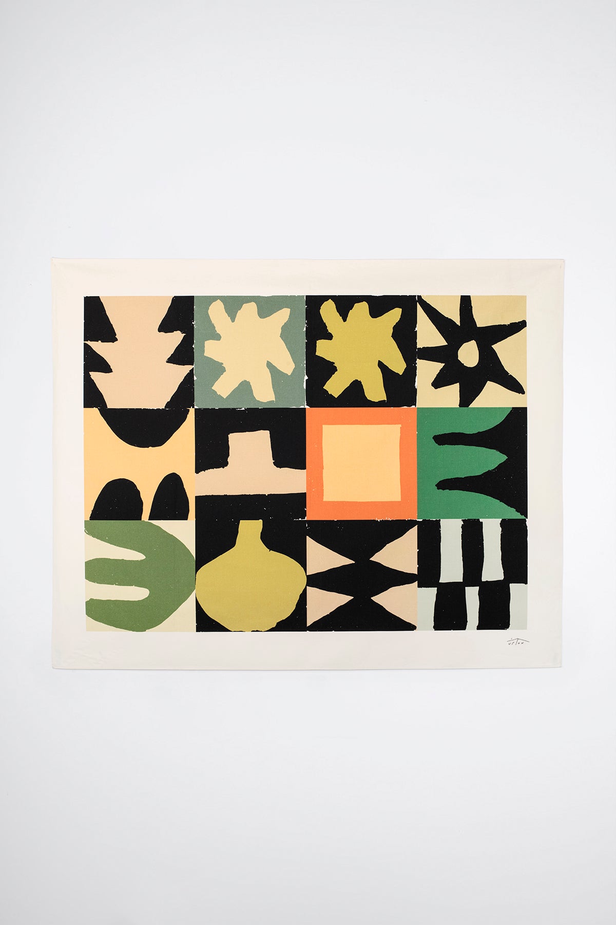 The Gozo is an original art print on 100% cotton canvas from Michael Upton. Featuring a geometric abstract mosaic design with bold colorful shapes, the Gozo is an extra large format modern wall hanging. Shown here on a white background.
