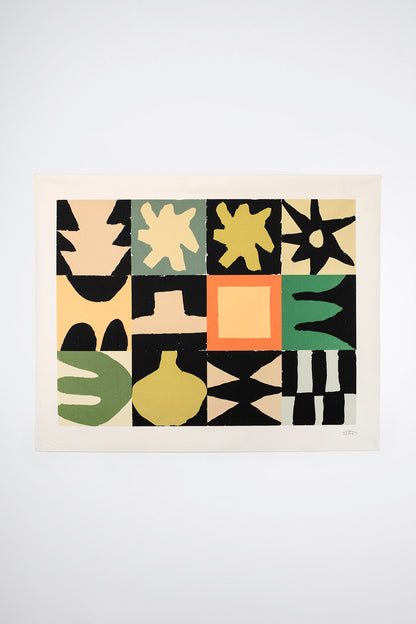 The Gozo is an original art print on 100% cotton canvas from Michael Upton. Featuring a geometric abstract mosaic design with bold colorful shapes, the Gozo is an extra large format modern wall hanging. Shown here on a white background.