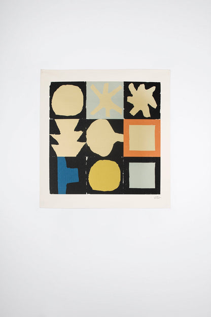 The Tenby is an original art print on 100% cotton canvas from Michael Upton. Featuring a geometric abstract mosaic design with bold colorful shapes, the Tenby is a large format modern wall hanging. Shown here on a white background.