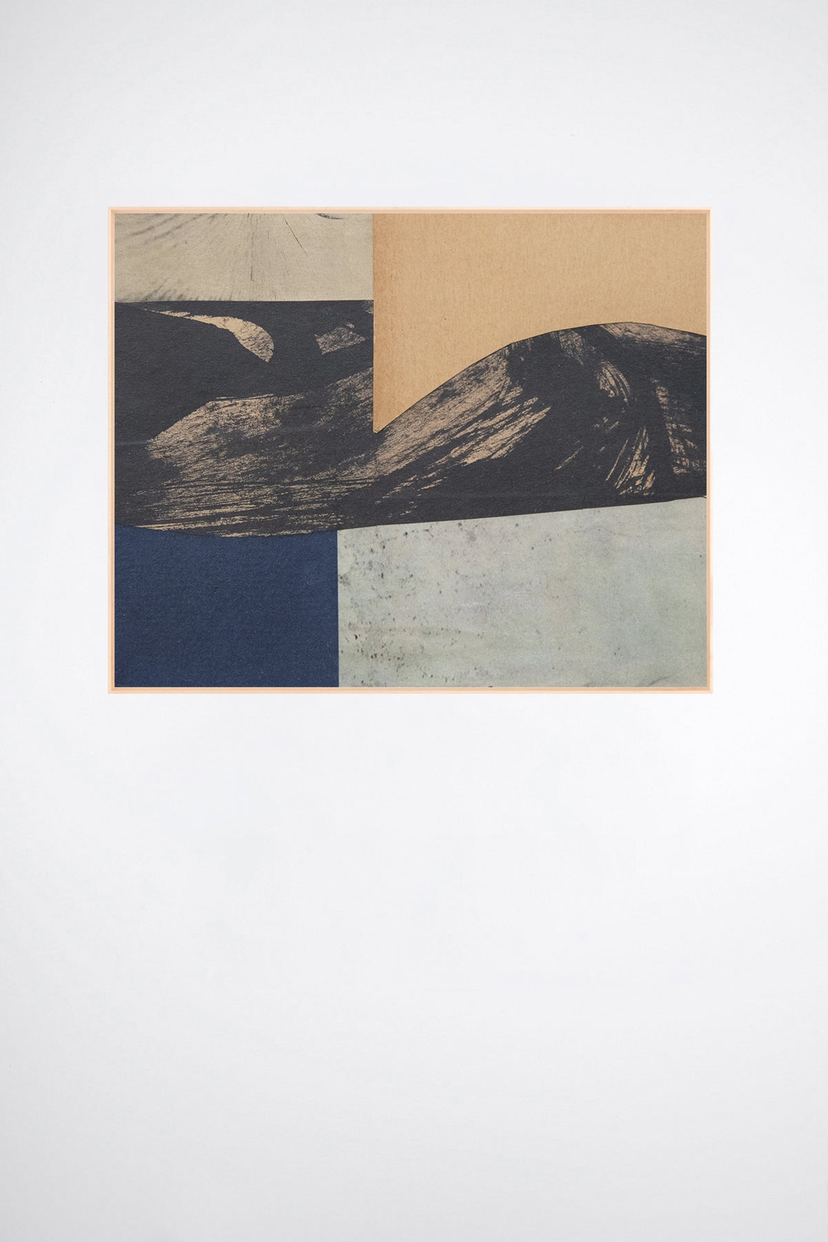 Taras, a custom framed art print on 100% cotton canvas. Large abstract collage and painting with geometric shapes and organic brush strokes in muted hues on a white background.