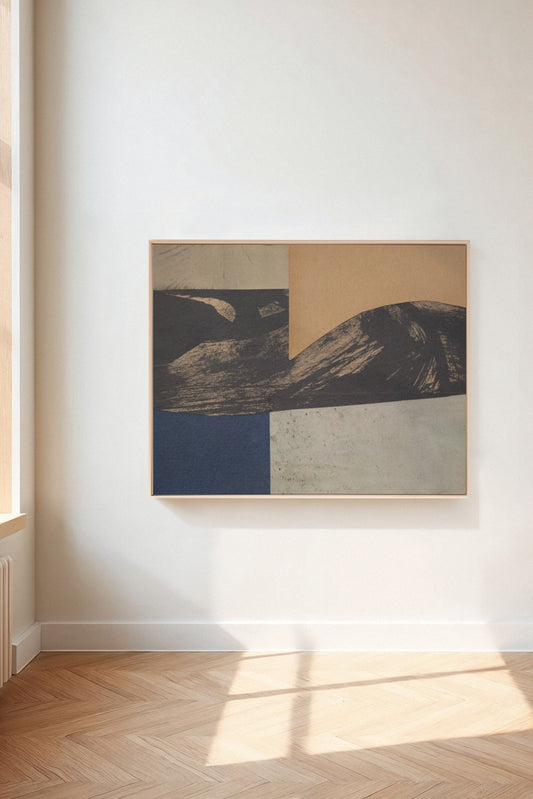 Taras, a custom framed art print on 100% cotton canvas. Large abstract collage and painting with geometric shapes and organic brush strokes in muted hues in a gallery setting.