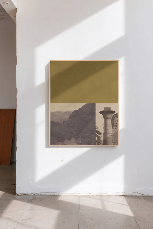 Karnak, a custom framed art print on 100% cotton canvas. Large modern abstract geometric collage and painting in a gallery setting.
