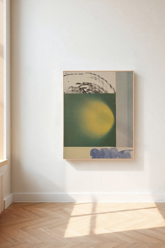 Caelum, a custom framed art print on 100% cotton canvas. Large modern abstract geometric collage and painting in a gallery setting.