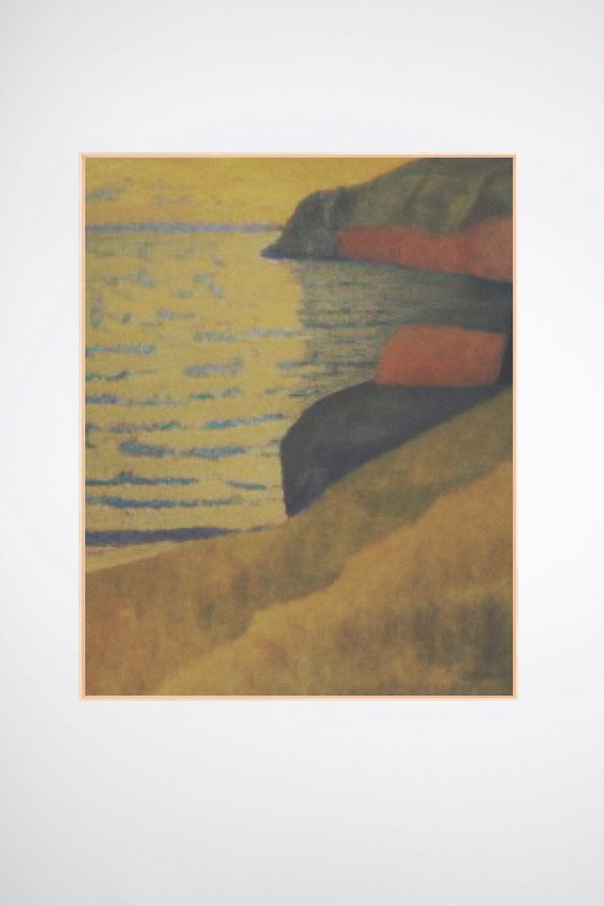 Paros, a custom framed art print on 100% cotton canvas. Large seaside landscape in the Expressionist tradition with rich golden hues on a white background.