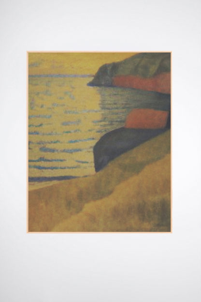 Paros, a custom framed art print on 100% cotton canvas. Large seaside landscape in the Expressionist tradition with rich golden hues on a white background.