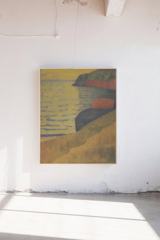 Paros, a custom framed art print on 100% cotton canvas. Large seaside landscape in the Expressionist tradition with rich golden hues in a gallery setting.