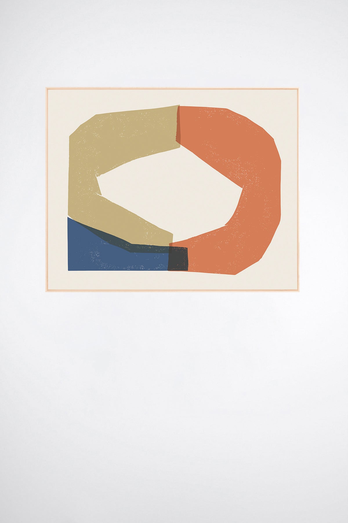 Enlace, a custom framed art print on 100% cotton canvas. Large abstract geometric block print in bold blue, golden yellow, and reddish orange on a white background.