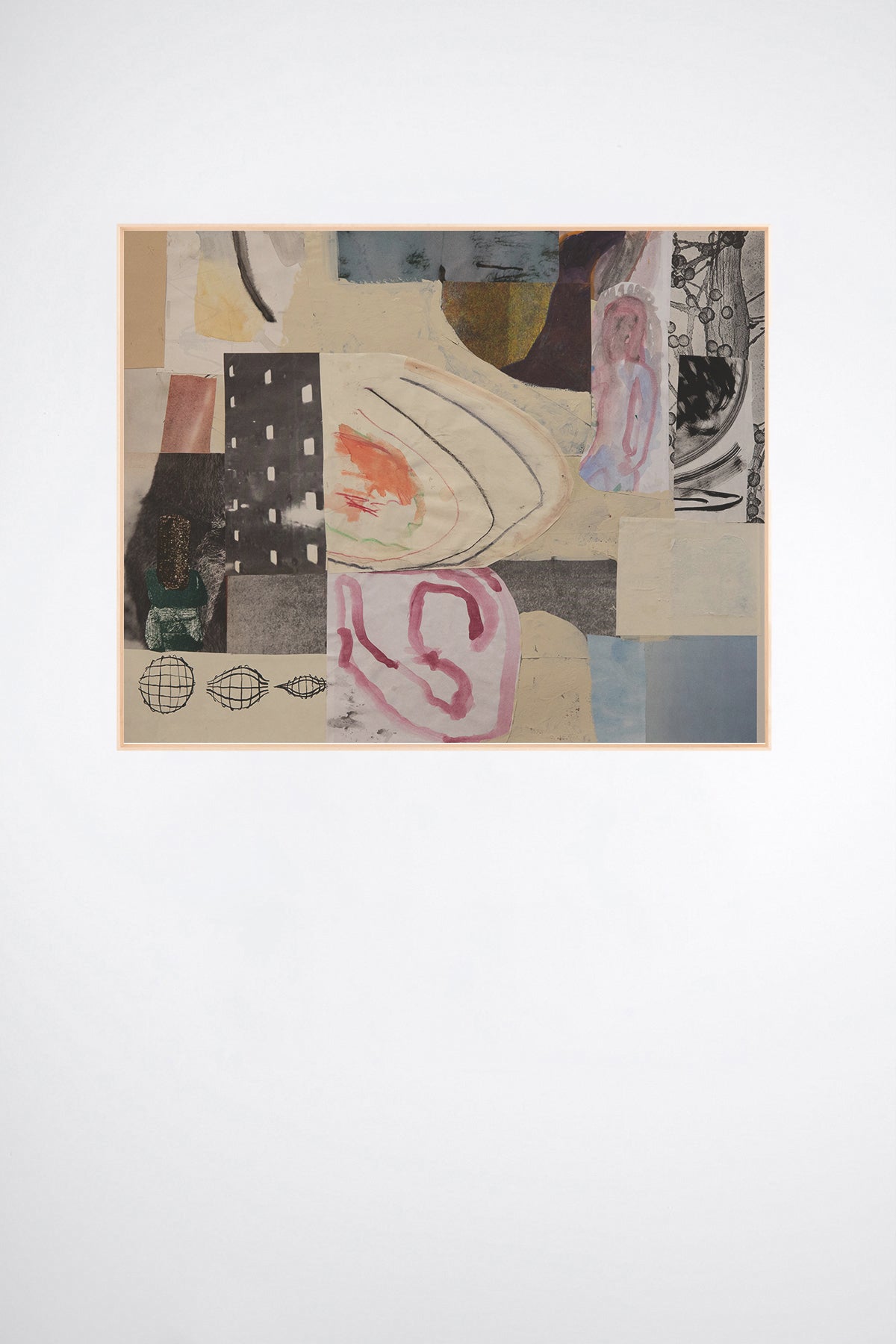 Temporal, a custom framed art print on 100% cotton canvas. Large abstract collage and painting with geometric shapes and organic brush strokes in muted hues on a white background.