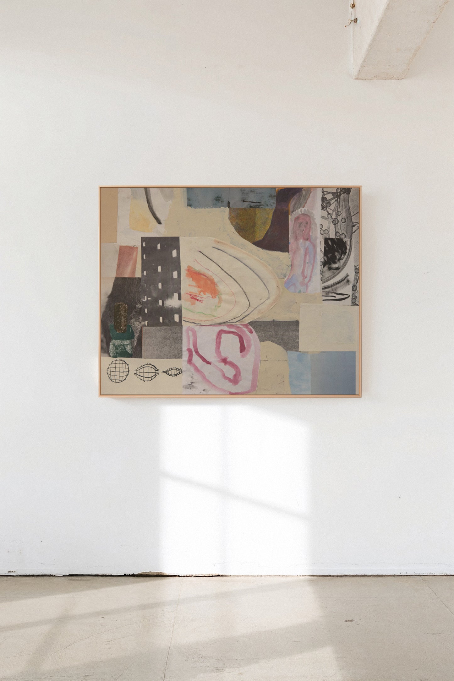 Temporal, a custom framed art print on 100% cotton canvas. Large abstract collage and painting with geometric shapes and organic brush strokes in muted hues in a gallery setting.