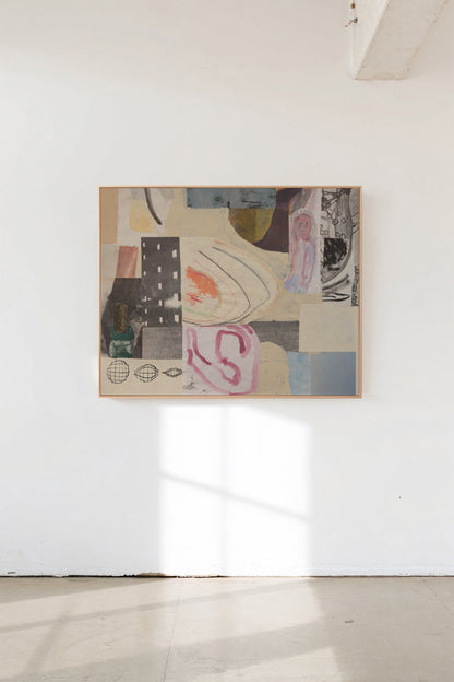 Temporal, a custom framed art print on 100% cotton canvas. Large abstract collage and painting with geometric shapes and organic brush strokes in muted hues in a gallery setting.