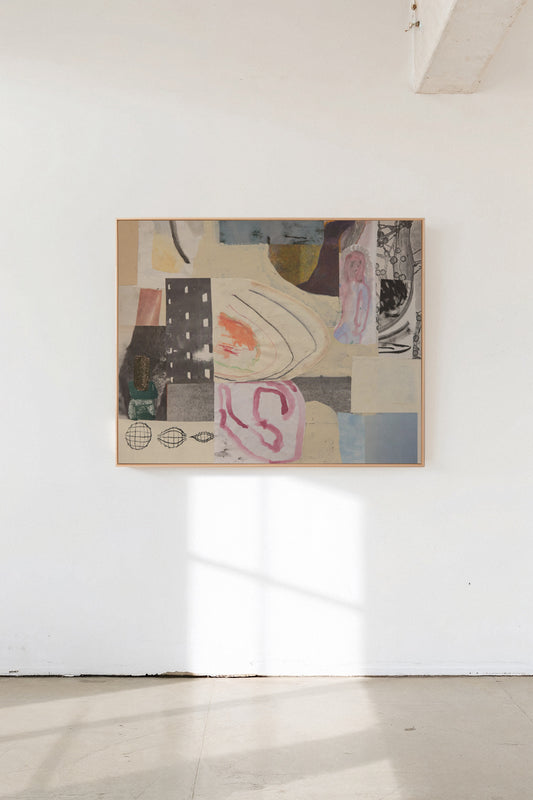 Temporal, a custom framed art print on 100% cotton canvas. Large abstract collage and painting with geometric shapes and organic brush strokes in muted hues in a gallery setting.