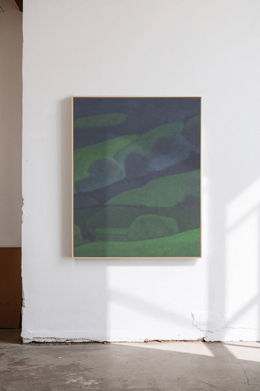 Bodmin, a custom framed art print on 100% cotton canvas. Large hillside landscape in the Expressionist tradition with rich dark green and blue hues in a gallery setting.