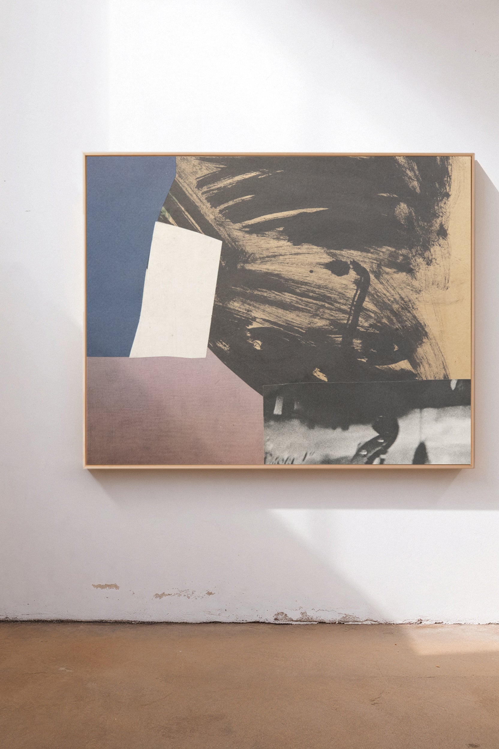Temenos, a custom framed art print on 100% cotton canvas. Large abstract collage and painting with geometric shapes and organic brush strokes in muted hues in a gallery setting.