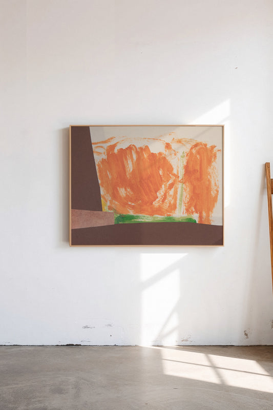 Wolf Peach, a custom framed art print on 100% cotton canvas. Large abstract collage and painting with geometric shapes and organic brush strokes in burgundy and red orange in a gallery setting.