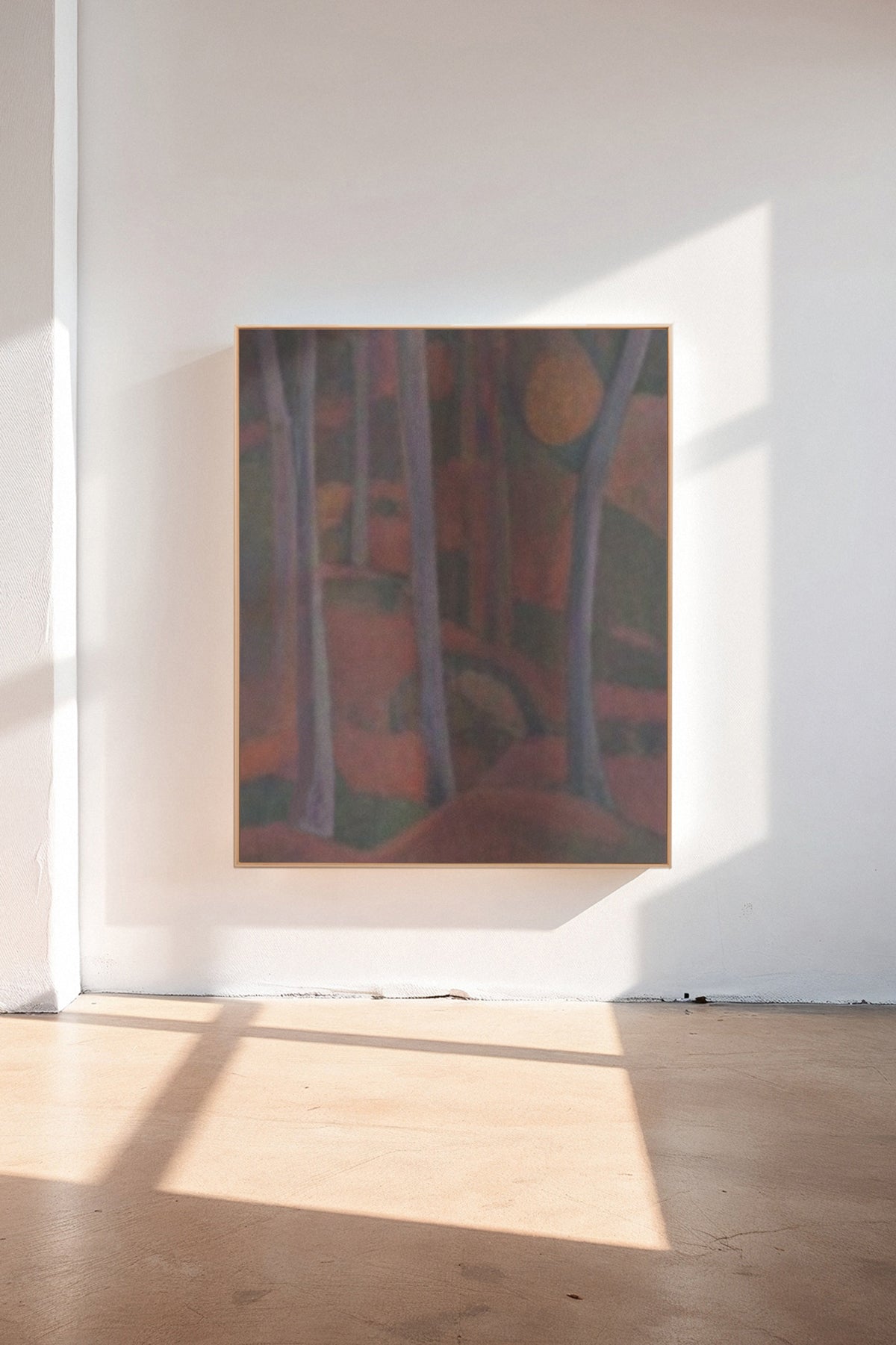 Arden, a custom framed art print on 100% cotton canvas. Large forest landscape in the Expressionist tradition with rich dark red hues on a white background.