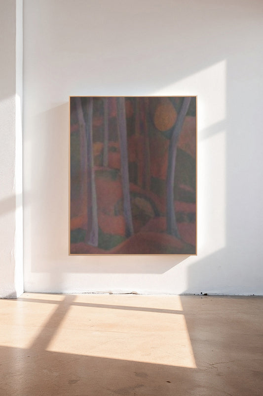 Arden, a custom framed art print on 100% cotton canvas. Large forest landscape in the Expressionist tradition with rich dark red hues on a white background.