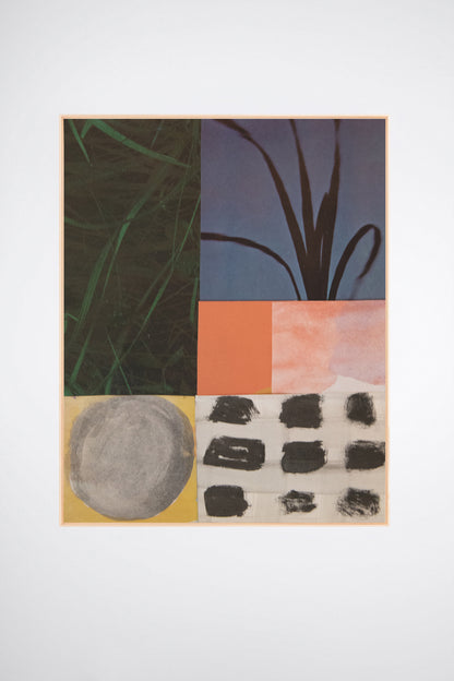 Prairie, a custom framed art print on 100% cotton canvas. Large modern abstract collage and watercolor in primary colors on a white background.