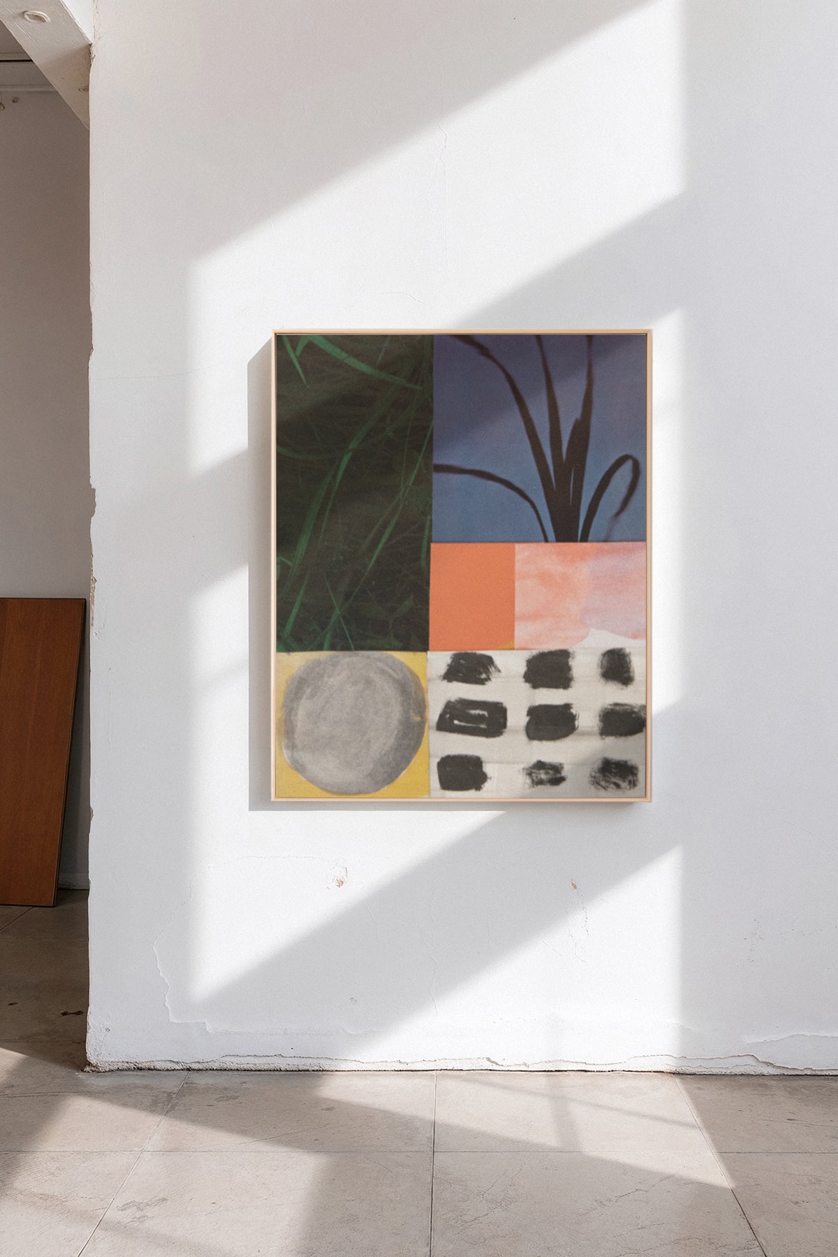 Prairie, a custom framed art print on 100% cotton canvas. Large modern abstract collage and watercolor in primary colors in a gallery setting.
