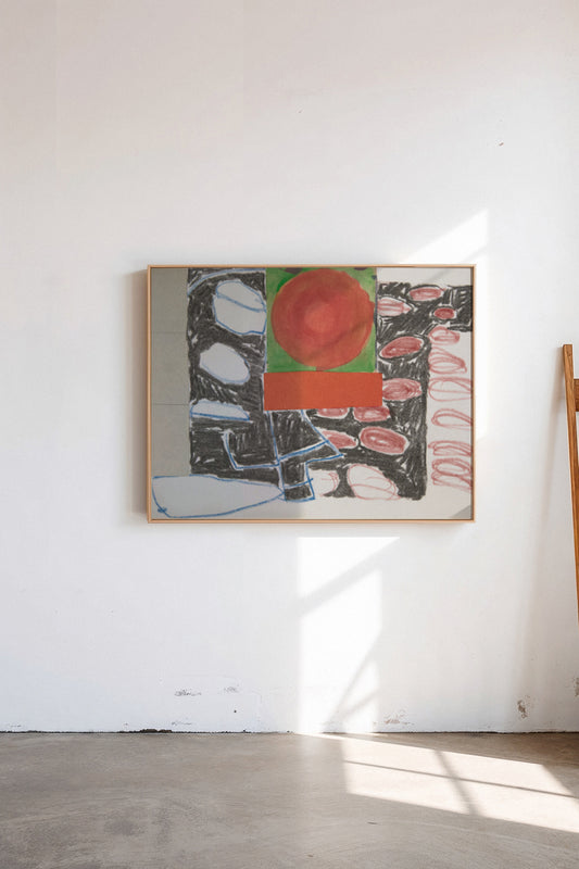 Cippus, a custom framed art print on 100% cotton canvas. Large abstract collage, watercolor, and drawing in reds, greens, blacks, and grays in a gallery setting.