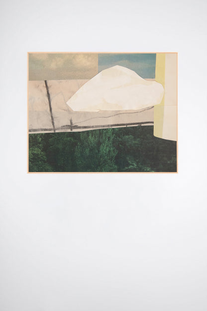 White Cloud, a custom framed art print on 100% cotton canvas. Large modern abstract collage and watercolor in primary colors on a white background.