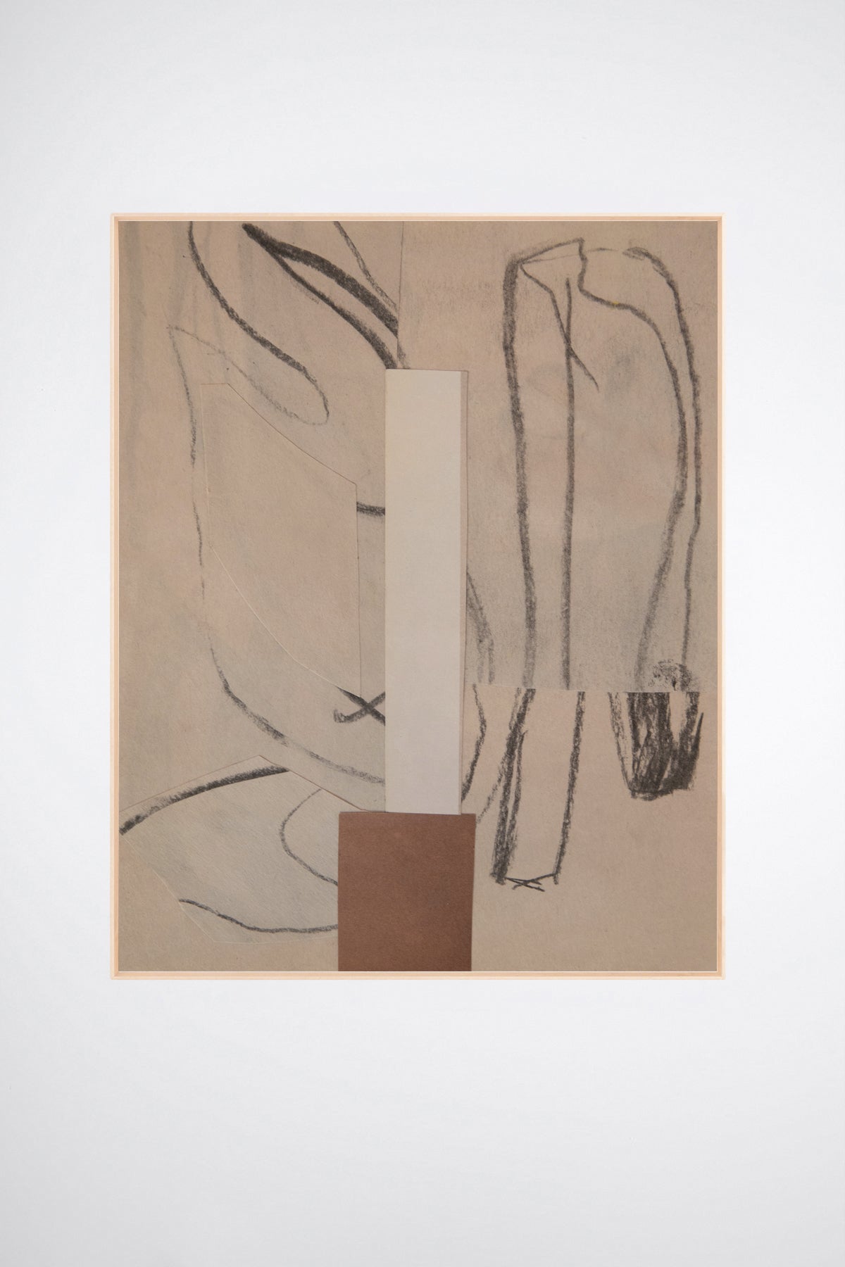 Broken Match, a custom framed art print on 100% cotton canvas. Large minimalist charcoal drawing and collage in neutral creams, whites, and browns on a white background.