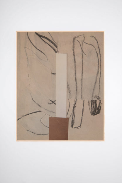 Broken Match, a custom framed art print on 100% cotton canvas. Large minimalist charcoal drawing and collage in neutral creams, whites, and browns on a white background.