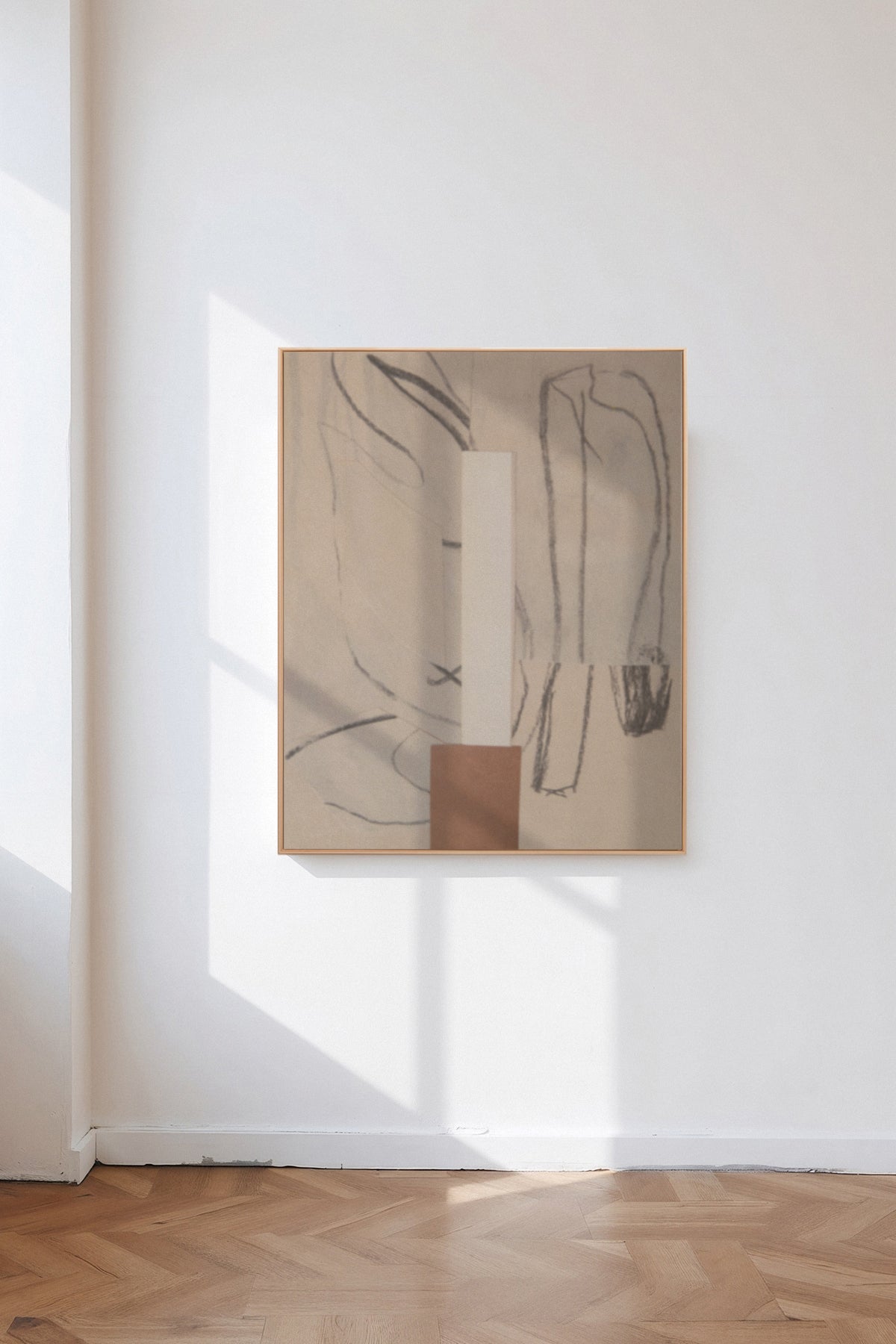 Broken Match, a custom framed art print on 100% cotton canvas. Large minimalist charcoal drawing and collage in neutral creams, whites, and browns on a white background in a gallery setting.