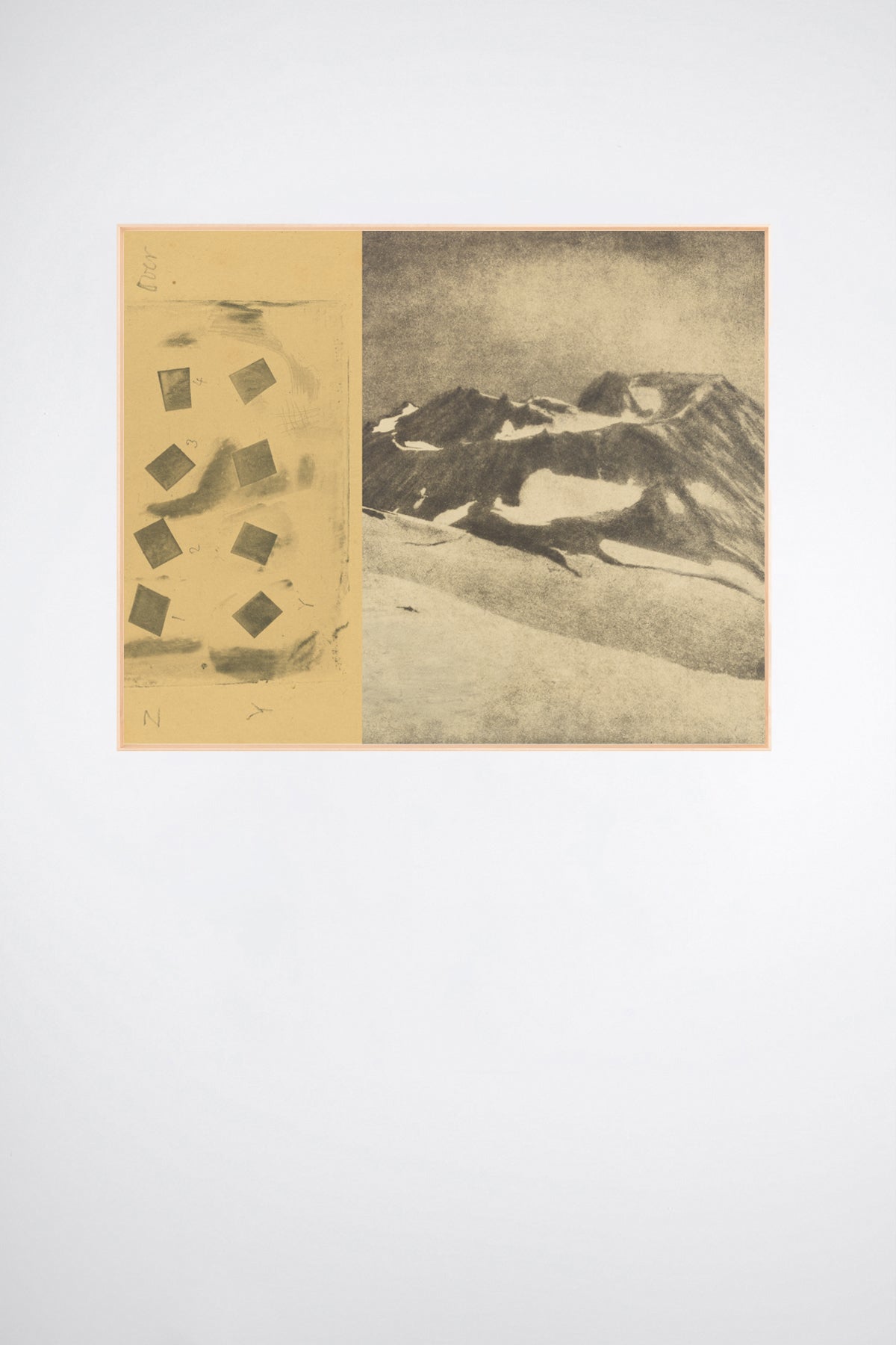 Talbot and Mt. Shasta, a custom framed art print on 100% cotton canvas. Large snow-covered mountain landscape collage in cream and sepia tones on a white background.