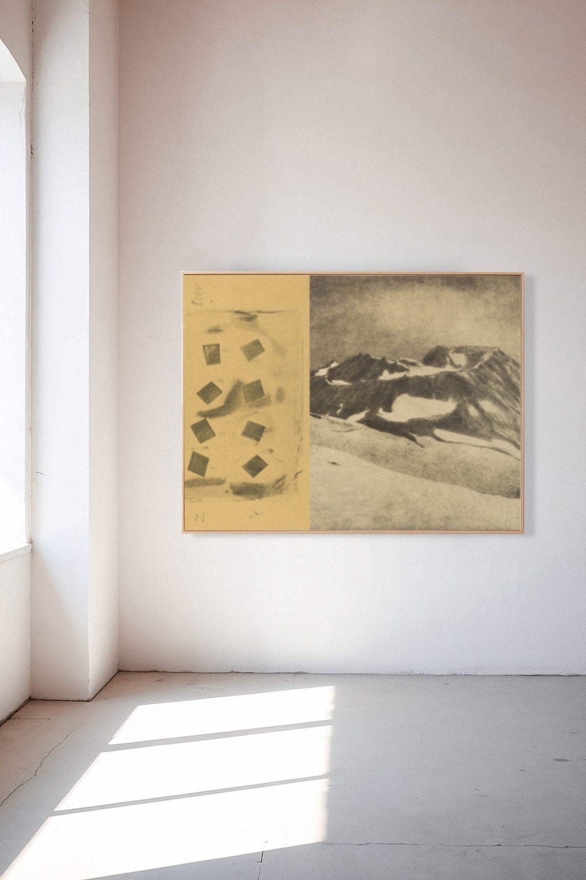 Talbot and Mt. Shasta, a custom framed art print on 100% cotton canvas. Large snow-covered mountain landscape collage in cream and sepia tones in a gallery setting.