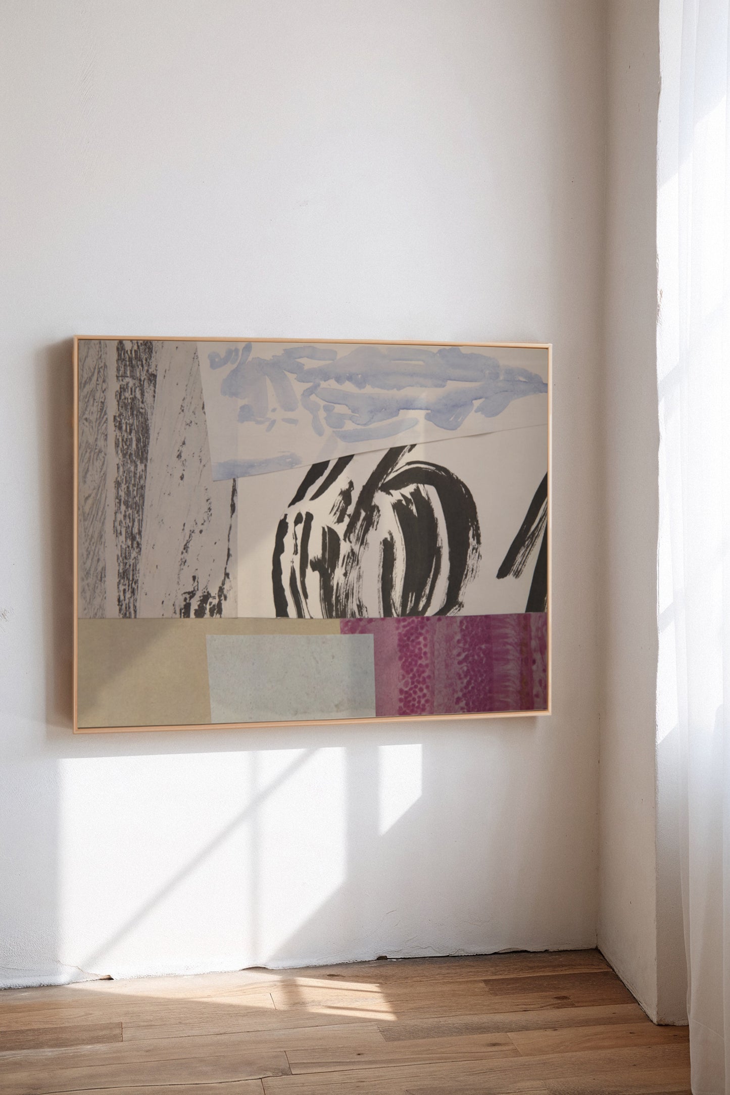 Fovea, a custom framed art print on 100% cotton canvas. Large abstract collage and painting with geometric shapes and organic brush strokes in muted hues in a gallery setting.