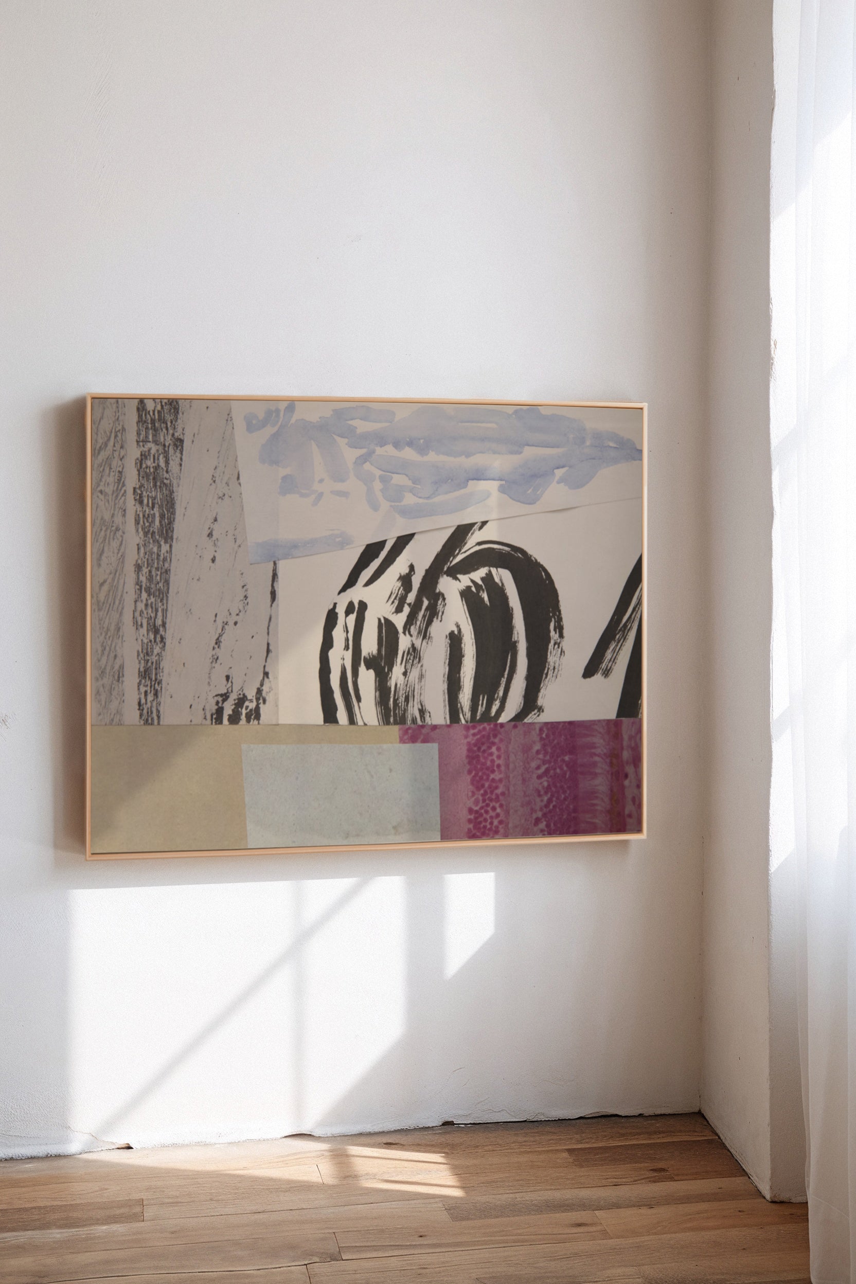 Fovea, a custom framed art print on 100% cotton canvas. Large abstract collage and painting with geometric shapes and organic brush strokes in muted hues in a gallery setting.