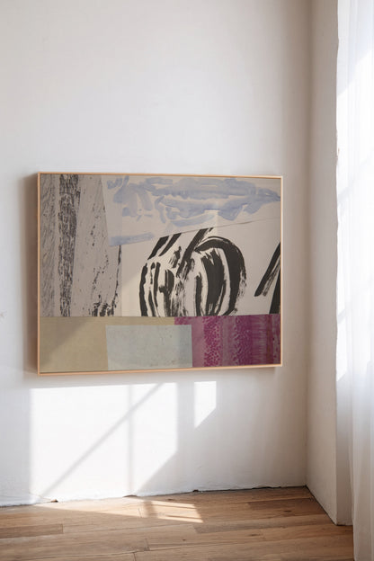 Fovea, a custom framed art print on 100% cotton canvas. Large abstract collage and painting with geometric shapes and organic brush strokes in muted hues in a gallery setting.