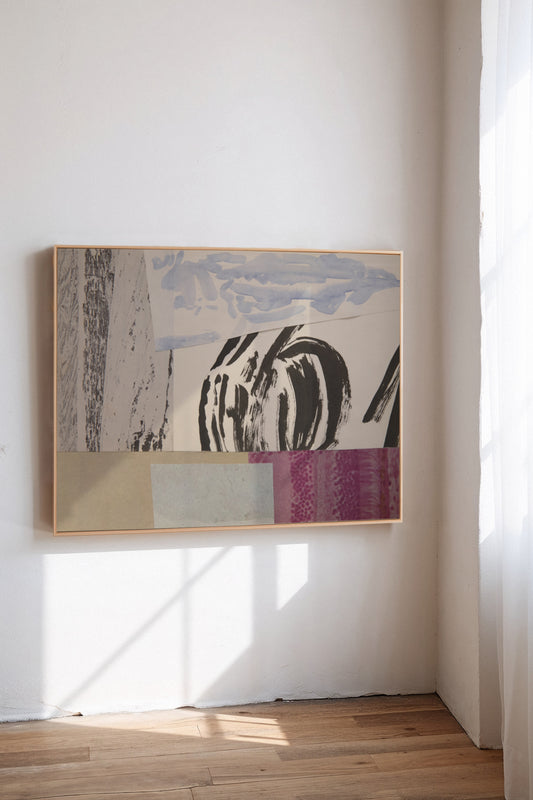Fovea, a custom framed art print on 100% cotton canvas. Large abstract collage and painting with geometric shapes and organic brush strokes in muted hues in a gallery setting.