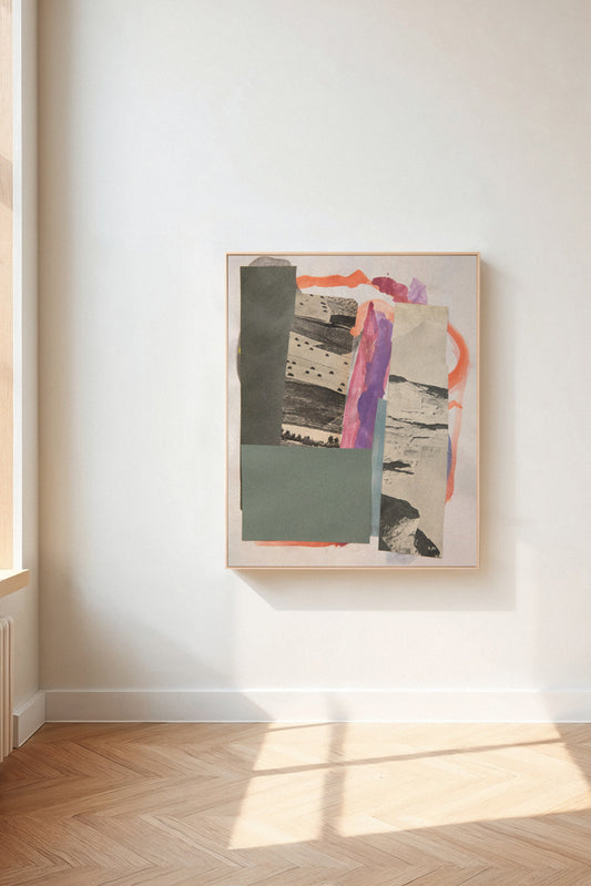 Lorne, a custom framed art print on 100% cotton canvas. Large modern abstract geometric collage and painting in a gallery setting.