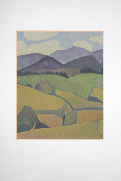 Dalry, a custom framed art print on 100% cotton canvas. Large mountain and countryside landscape in the Expressionist tradition with rich hues on a white background.