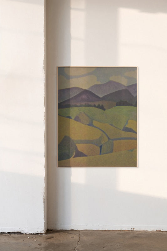 Dalry, a custom framed art print on 100% cotton canvas. Large mountain and countryside landscape in the Expressionist tradition with rich hues in a gallery setting.