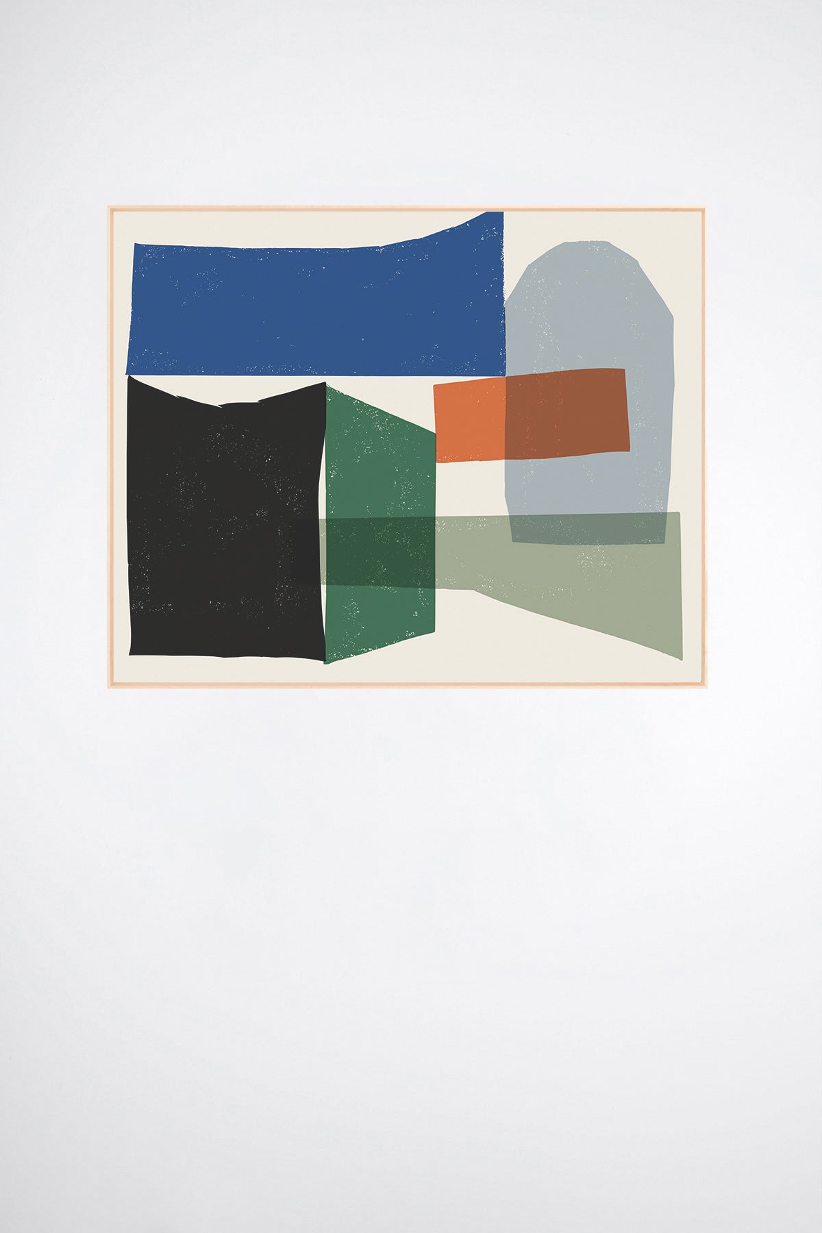 Lobes, a custom framed art print on 100% cotton canvas. Large modern abstract geometric block print in bold blocks of green, blue, black, and red orange on a white background.