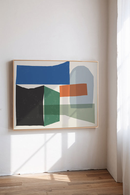 Lobes, a custom framed art print on 100% cotton canvas. Large modern abstract geometric block print in bold blocks of green, blue, black, and red orange in a gallery setting.