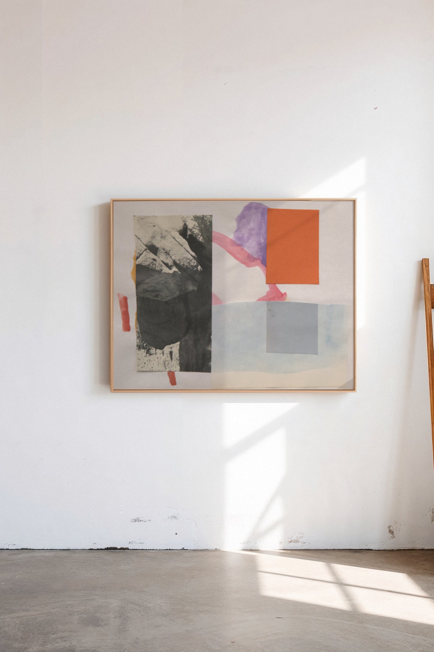 Dromos, a custom framed art print on 100% cotton canvas. Large modern abstract geometric collage and painting in a gallery setting.