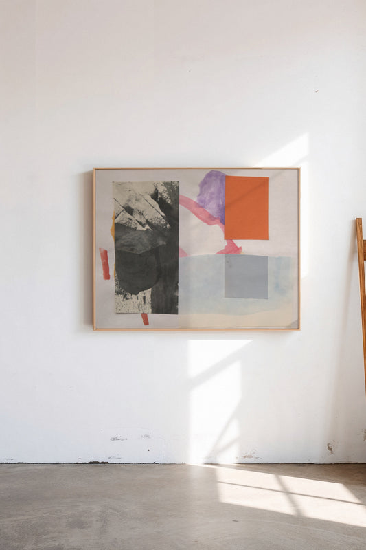 Dromos, a custom framed art print on 100% cotton canvas. Large modern abstract geometric collage and painting in a gallery setting.