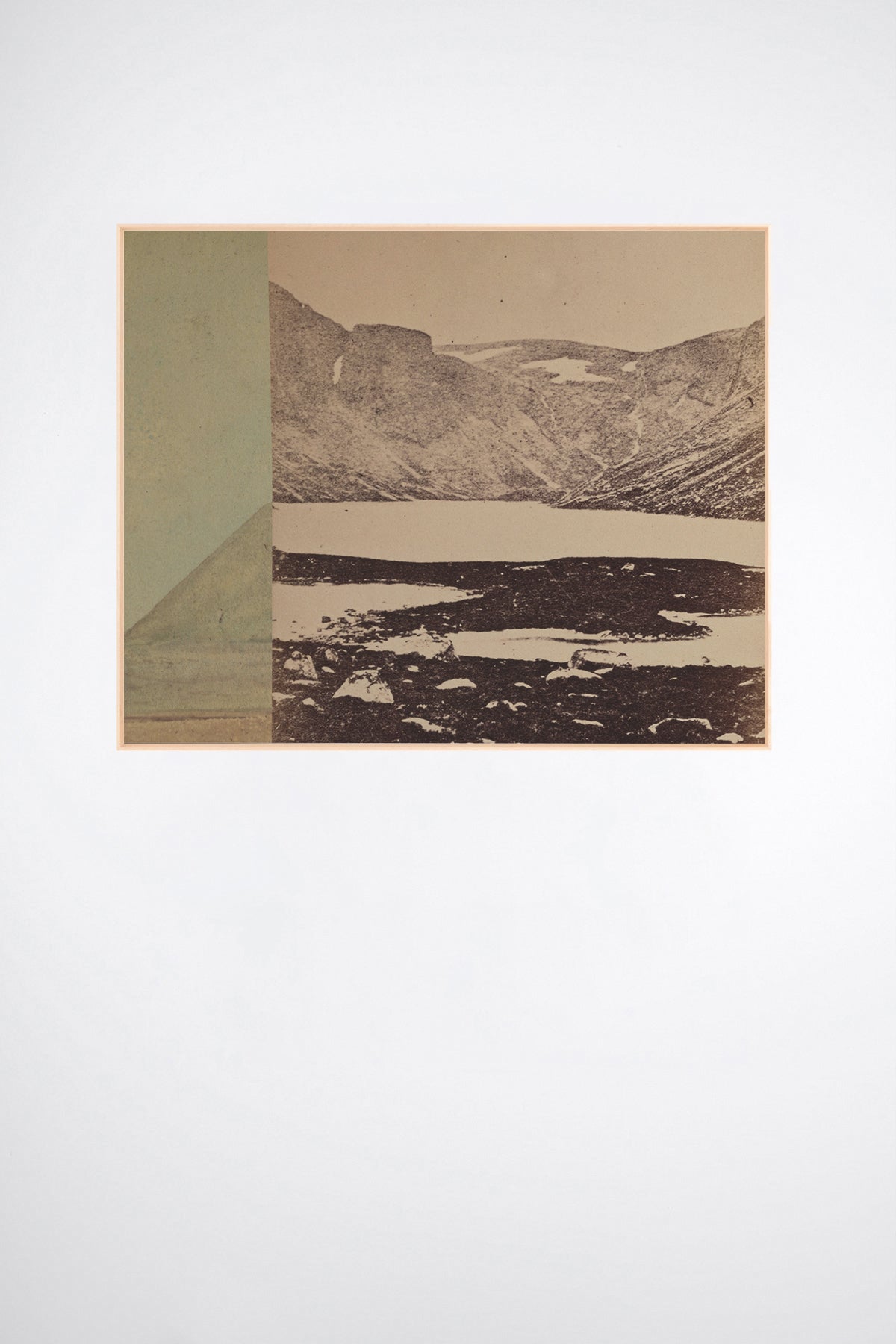 Loch A'an, a custom framed art print on 100% cotton canvas. Large modern geometric mountain landscape photo collage in cream with large block of muted sage green on a white background.