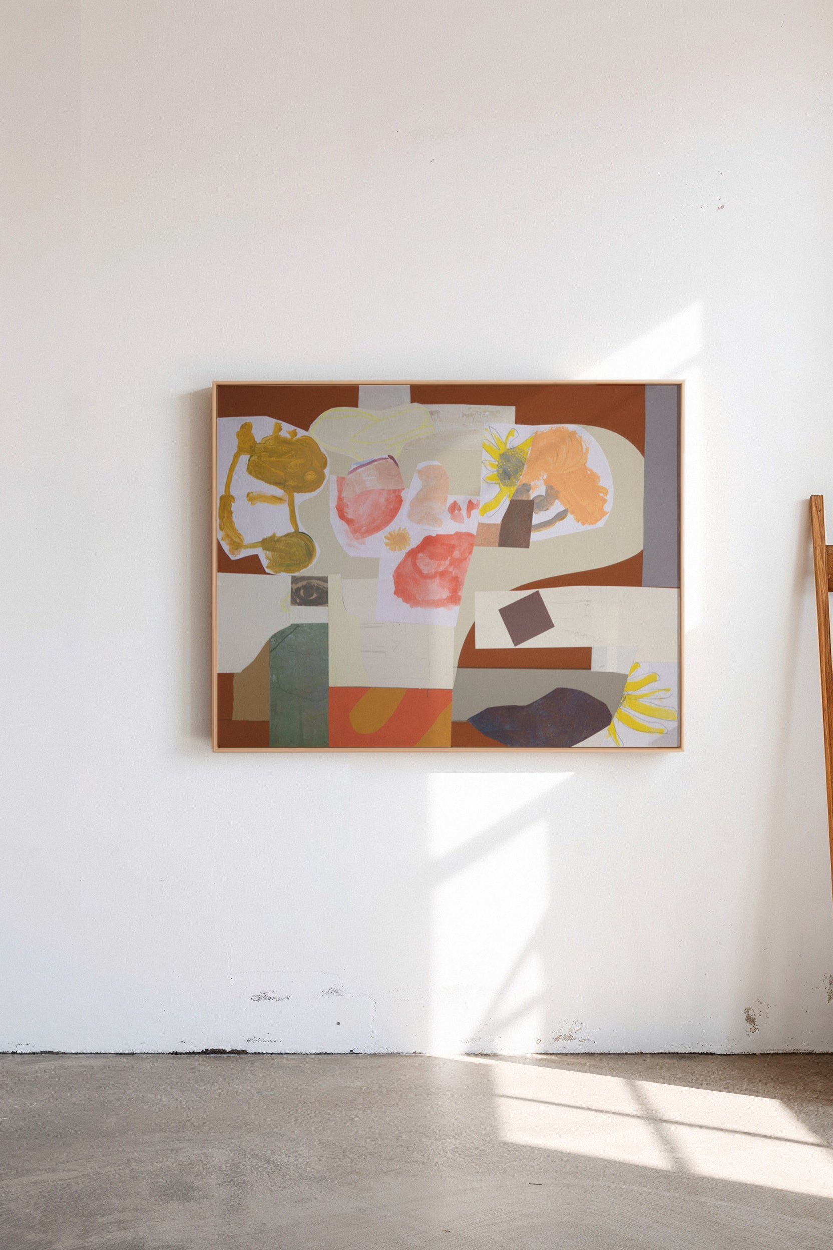 Brocas Area, a custom framed art print on 100% cotton canvas. Large modern abstract collage and painting in a gallery setting.
